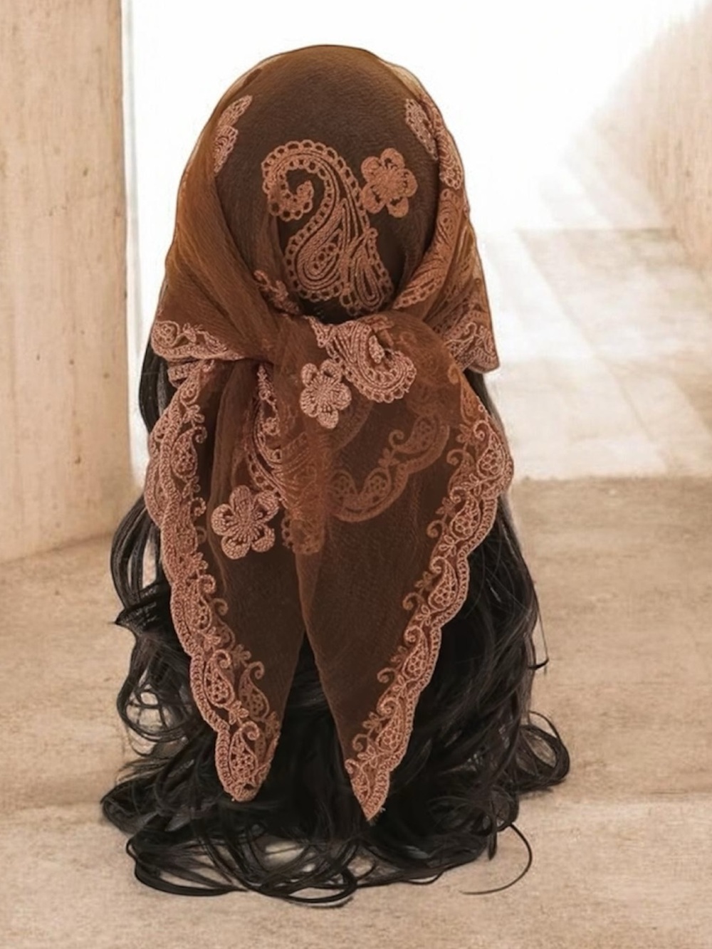 Brown Lace Embroidered Hair Scarf Headwrap - Picture 5 of 8